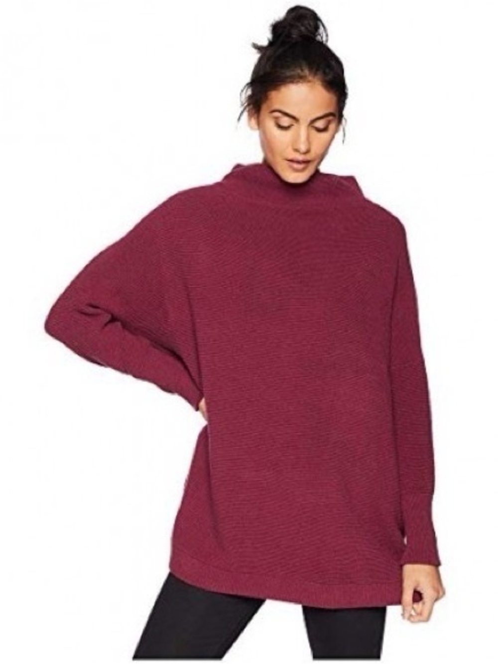 Free People Wine Color Mock Neck Oversized Tunic Boho Minimalist Sweater Sz M